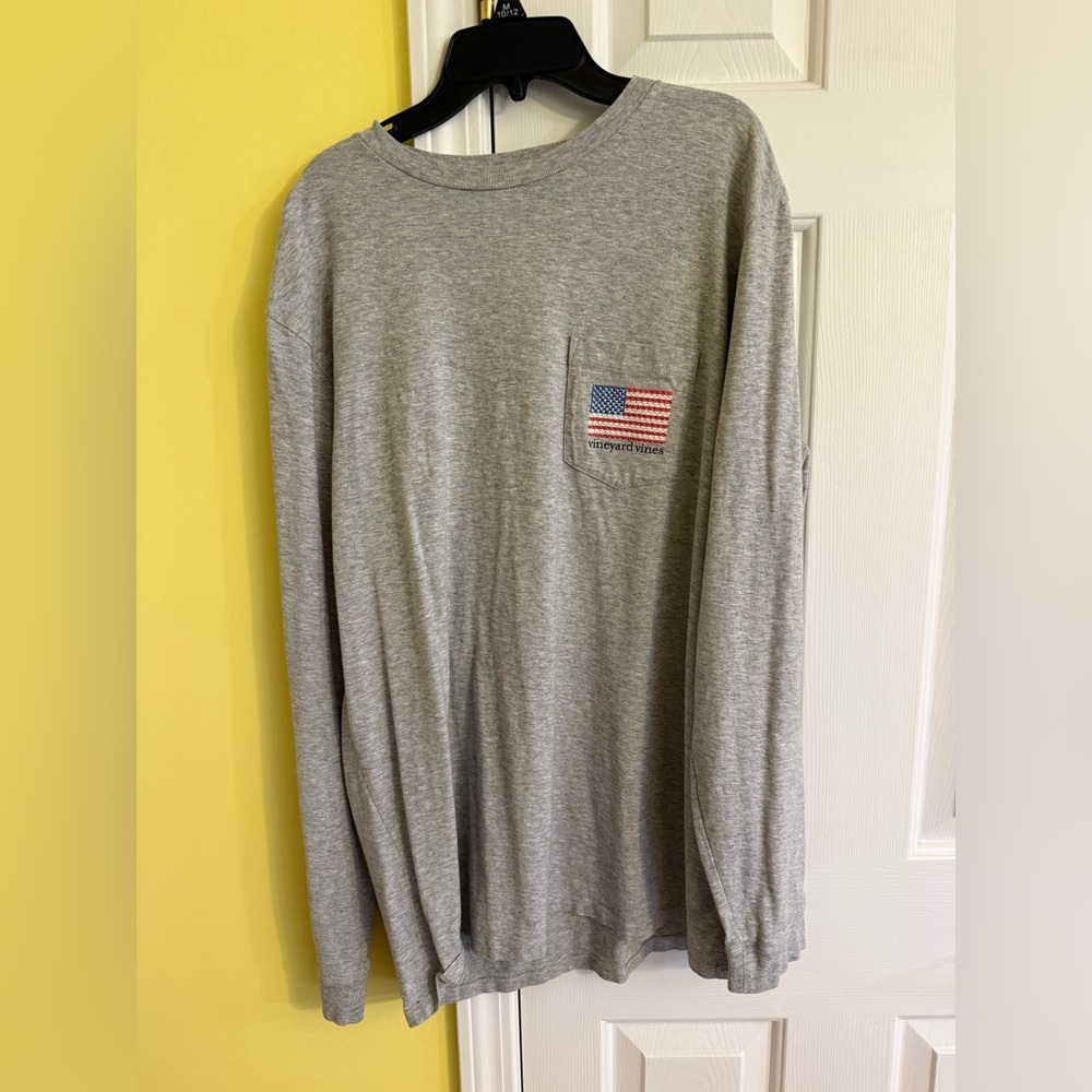 Vineyard Vines Gray Long Sleeve Pocket Tee with Flag Patch